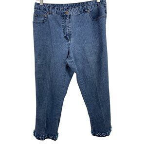 Ruby Rd Womens Blue Denim Jeans Stretch Capris Cropped Beaded Hem Womens Size 8